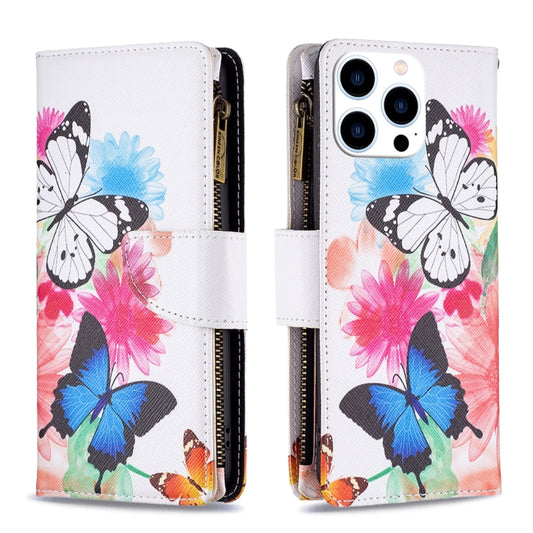 For iPhone 16 Pro Max Colored Drawing Pattern Zipper Phone Leather Case(Two Butterflies) - iPhone 16 Pro Max Cases by buy2fix | Online Shopping UK | buy2fix