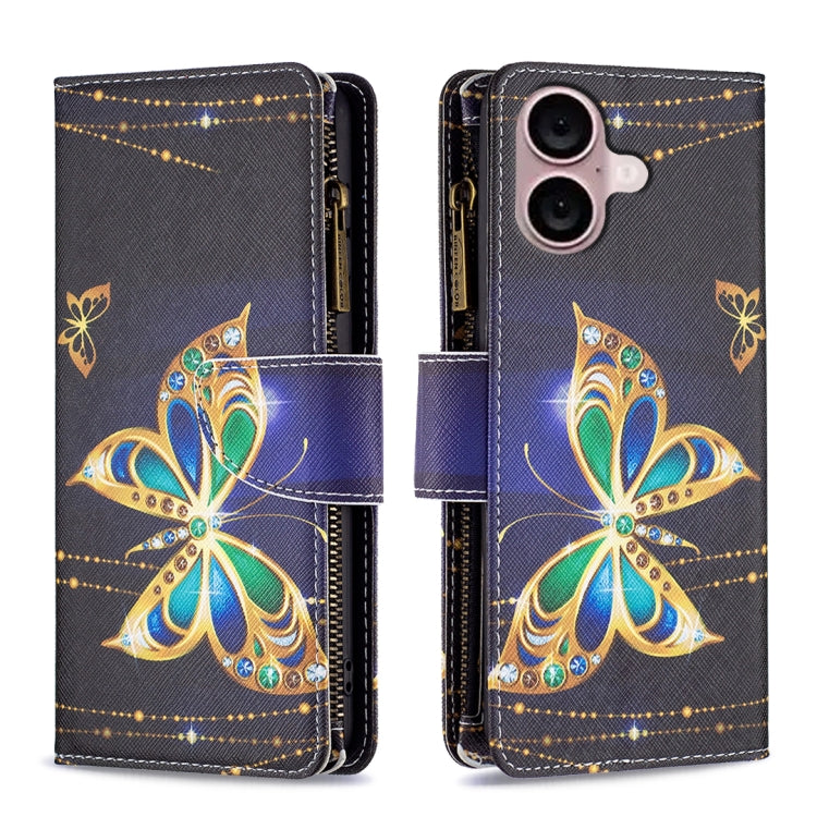 For iPhone 16 Colored Drawing Pattern Zipper Phone Leather Case(Big Butterfly) - iPhone 16 Cases by buy2fix | Online Shopping UK | buy2fix