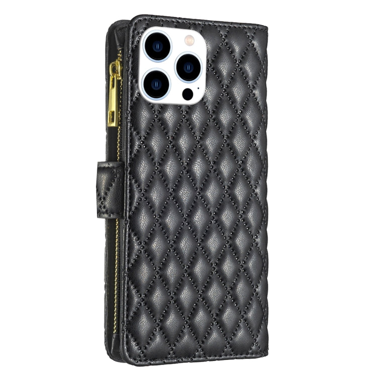 For iPhone 16 Pro Diamond Lattice Zipper Wallet Leather Flip Phone Case(Black) - iPhone 16 Pro Cases by buy2fix | Online Shopping UK | buy2fix