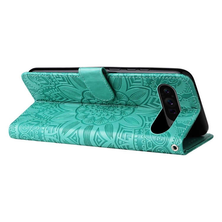 For Google Pixel 9 Pro Embossed Sunflower Leather Phone Case(Green) - Google Cases by buy2fix | Online Shopping UK | buy2fix