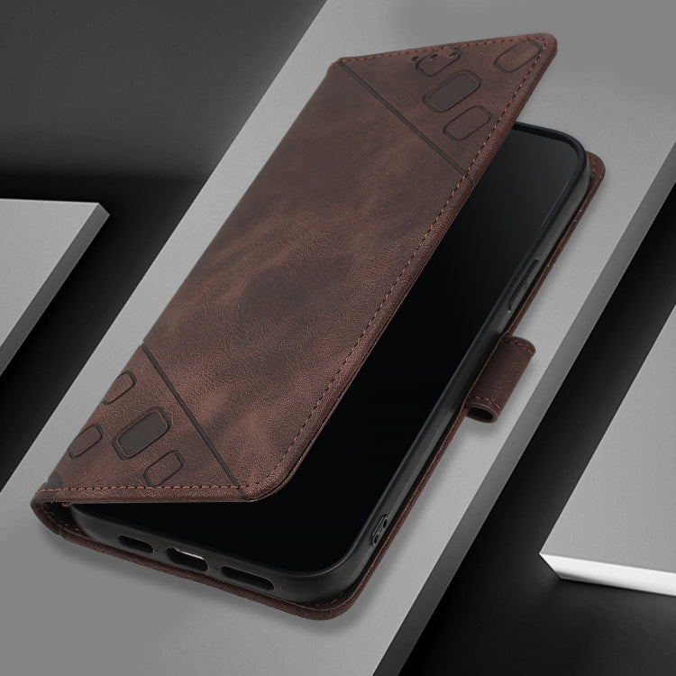 For iPhone 16 Skin-feel Embossed Leather Phone Case(Brown) - iPhone 16 Cases by buy2fix | Online Shopping UK | buy2fix