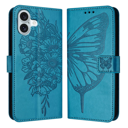 For iPhone 16 Plus Embossed Butterfly Leather Phone Case(Blue) - iPhone 16 Plus Cases by buy2fix | Online Shopping UK | buy2fix