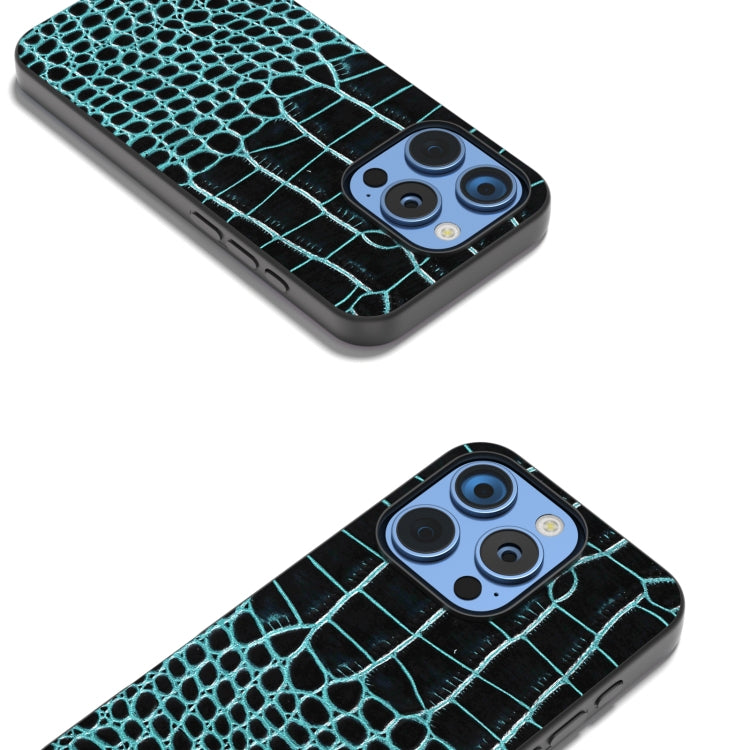 For iPhone 16 Pro ABEEL Genuine Leather Crocodile Pattern Black Edge Phone Case(Blue) - iPhone 16 Pro Cases by buy2fix | Online Shopping UK | buy2fix