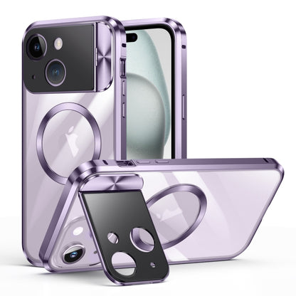 For iPhone 15 Large Window Holder MagSafe Magnetic Metal Phone Case(Purple) - iPhone 15 Cases by buy2fix | Online Shopping UK | buy2fix