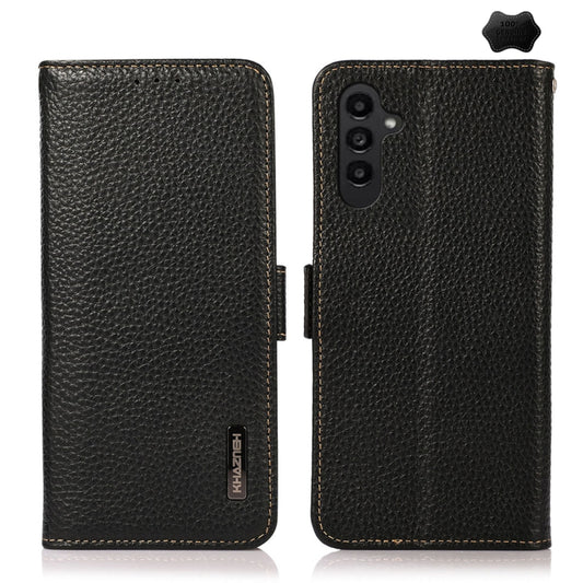 For Samsung Galaxy S23 FE KHAZNEH Side-Magnetic Litchi Genuine Leather RFID Phone Case(Black) - Galaxy Phone Cases by buy2fix | Online Shopping UK | buy2fix