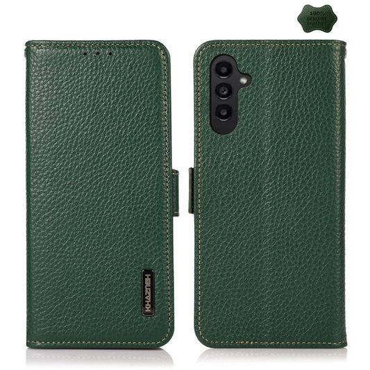 For Samsung Galaxy S23 FE KHAZNEH Side-Magnetic Litchi Genuine Leather RFID Phone Case(Green) - Galaxy Phone Cases by buy2fix | Online Shopping UK | buy2fix