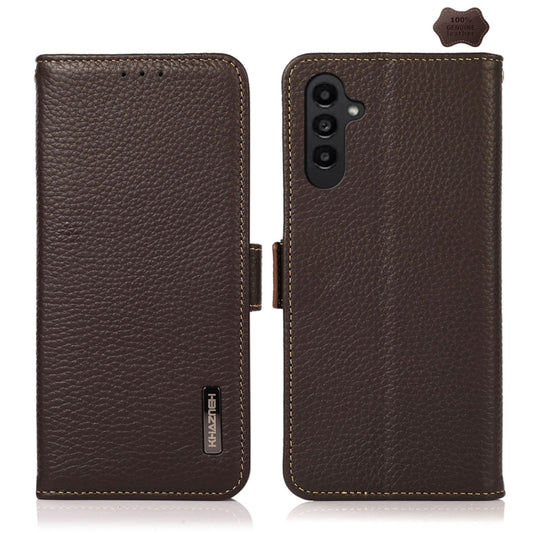 For Samsung Galaxy S23 FE KHAZNEH Side-Magnetic Litchi Genuine Leather RFID Phone Case(Brown) - Galaxy Phone Cases by buy2fix | Online Shopping UK | buy2fix