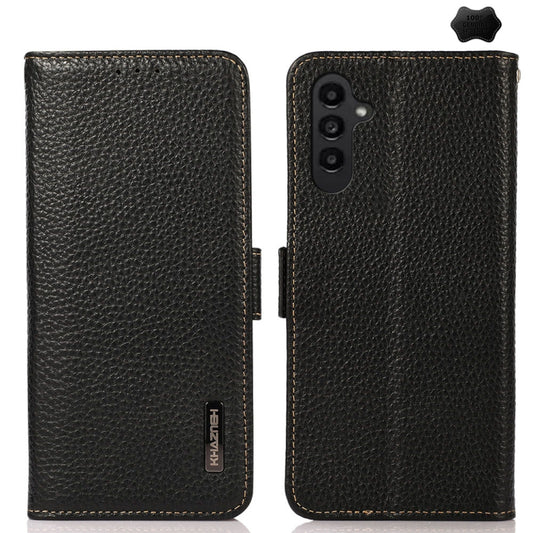 For Samsung Galaxy A25 5G Global KHAZNEH Side-Magnetic Litchi Genuine Leather RFID Phone Case(Black) - Galaxy Phone Cases by buy2fix | Online Shopping UK | buy2fix