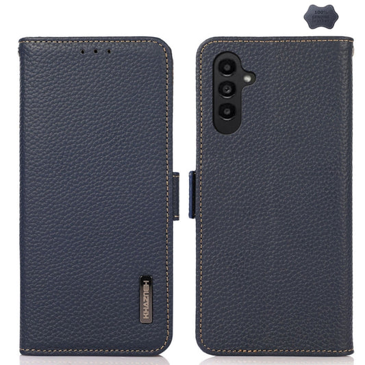 For Samsung Galaxy A25 5G Global KHAZNEH Side-Magnetic Litchi Genuine Leather RFID Phone Case(Blue) - Galaxy Phone Cases by buy2fix | Online Shopping UK | buy2fix