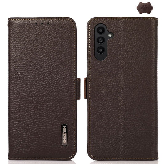 For Samsung Galaxy A25 5G Global KHAZNEH Side-Magnetic Litchi Genuine Leather RFID Phone Case(Brown) - Galaxy Phone Cases by buy2fix | Online Shopping UK | buy2fix