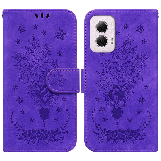 For Motorola Moto G Power 5G 2024 Butterfly Rose Embossed Leather Phone Case(Purple) - Motorola Cases by buy2fix | Online Shopping UK | buy2fix