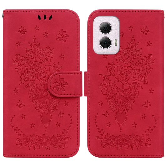 For Motorola Moto G Power 5G 2024 Butterfly Rose Embossed Leather Phone Case(Red) - Motorola Cases by buy2fix | Online Shopping UK | buy2fix