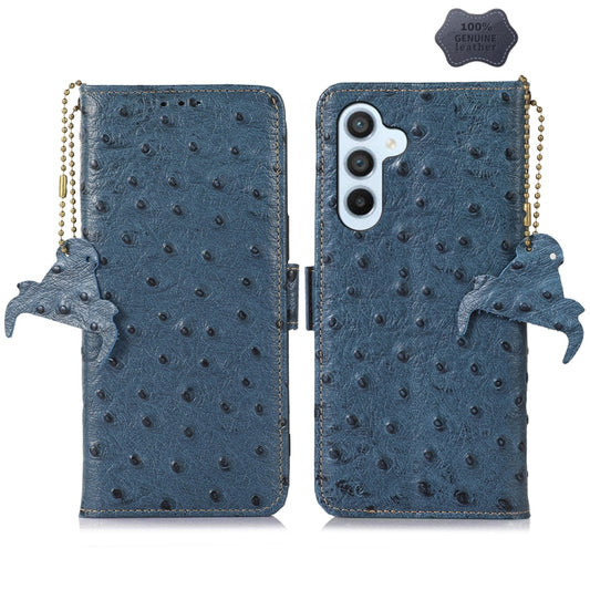 For Samsung Galaxy A25 5G Global Ostrich Pattern Genuine Leather RFID Phone Case(Blue) - Galaxy Phone Cases by buy2fix | Online Shopping UK | buy2fix