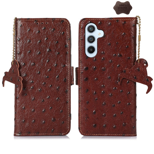 For Samsung Galaxy A25 5G Global Ostrich Pattern Genuine Leather RFID Phone Case(Coffee) - Galaxy Phone Cases by buy2fix | Online Shopping UK | buy2fix