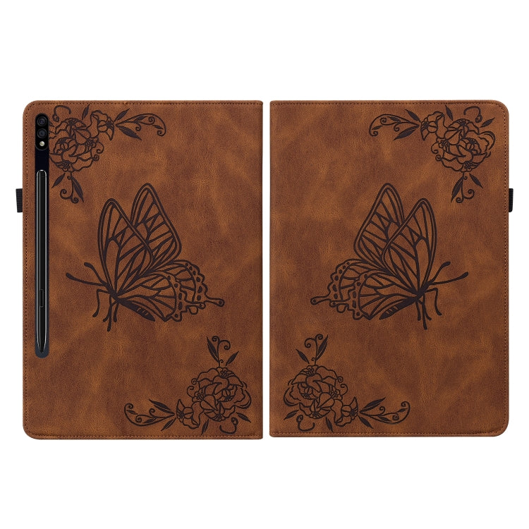 For Samsung Galaxy Tab S9+ Butterfly Flower Embossed Leather Tablet Case(Brown) - Galaxy Tab S9+ Cases by buy2fix | Online Shopping UK | buy2fix