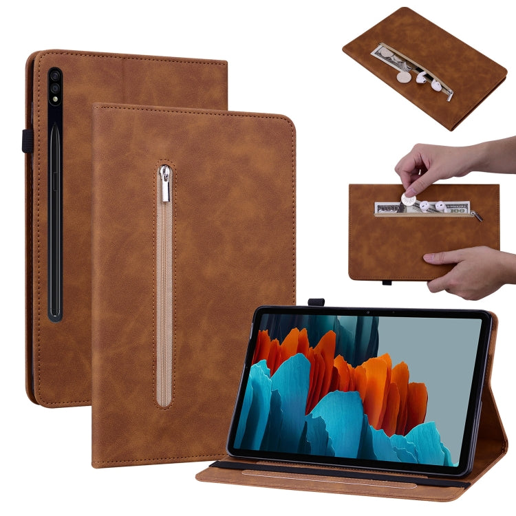 For Samsung Galaxy Tab S9 Skin Feel Solid Color Zipper Leather Tablet Case(Brown) - Galaxy Tab S9 Cases by buy2fix | Online Shopping UK | buy2fix