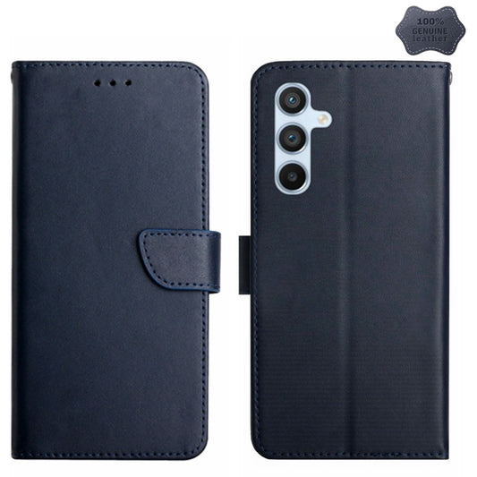 For Samsung Galaxy A25 5G HT02 Genuine Leather Fingerprint-proof Flip Phone Case(Blue) - Galaxy Phone Cases by buy2fix | Online Shopping UK | buy2fix