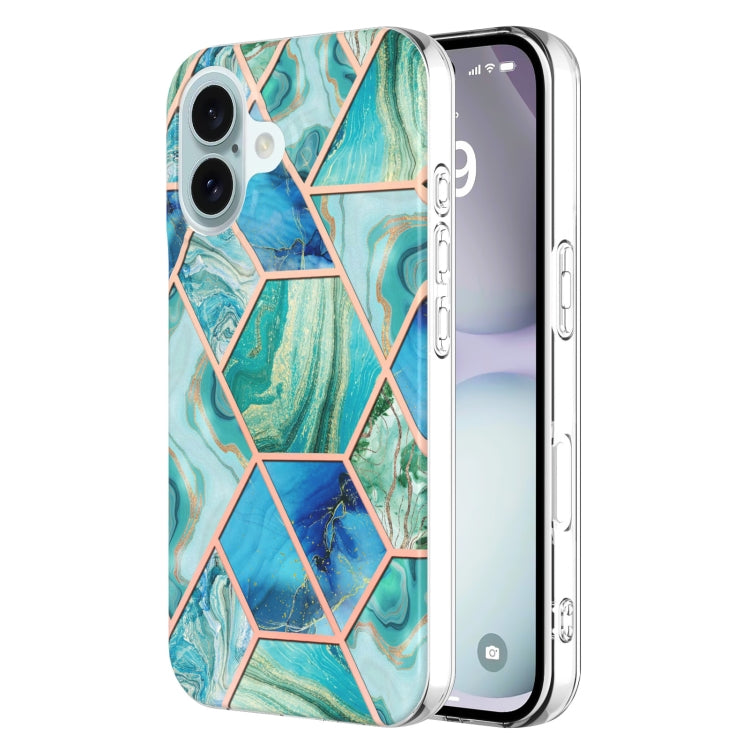 For iPhone 16 Plus Electroplating Splicing Marble Flower Pattern Dual-side IMD TPU Shockproof Phone Case(Green) - iPhone 16 Plus Cases by buy2fix | Online Shopping UK | buy2fix