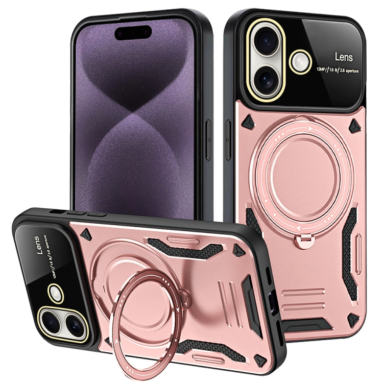 For iPhone 16 Large Window MagSafe Holder Phone Case(Rose Gold) - iPhone 16 Cases by buy2fix | Online Shopping UK | buy2fix