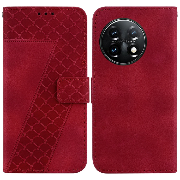 For OnePlus 11 Seven-shaped Embossed Leather Phone Case(Red) - OnePlus Cases by buy2fix | Online Shopping UK | buy2fix