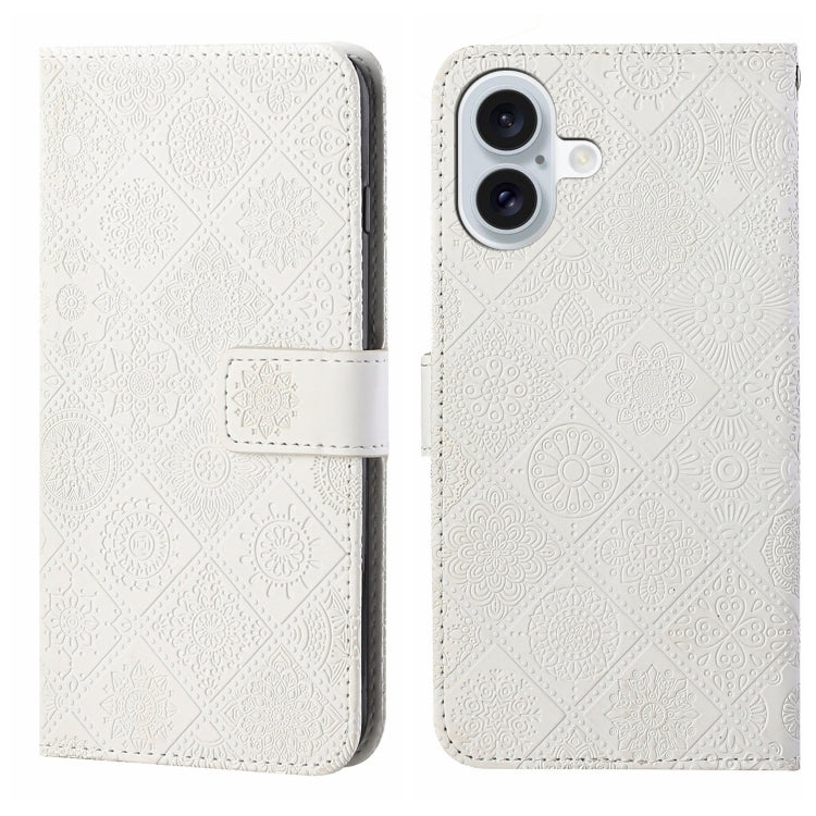 For iPhone 16 Plus Ethnic Style Embossed Pattern Leather Phone Case(White) - iPhone 16 Plus Cases by buy2fix | Online Shopping UK | buy2fix