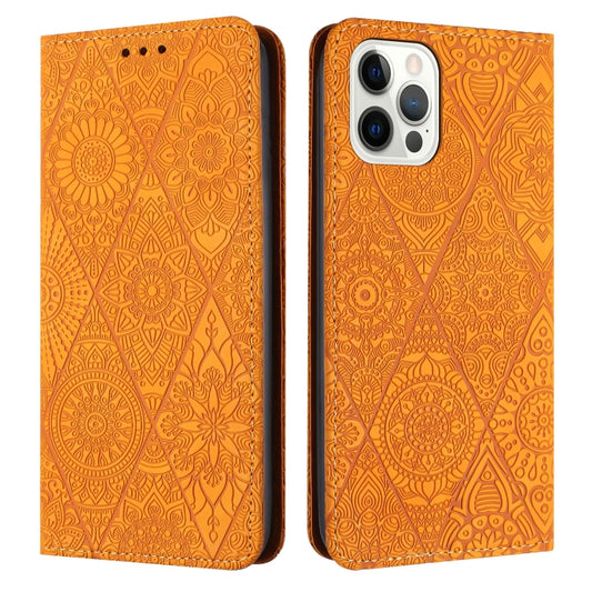 For iPhone 16 Pro Max Ethnic Embossed Adsorption Leather Phone Case(Yellow) - iPhone 16 Pro Max Cases by buy2fix | Online Shopping UK | buy2fix