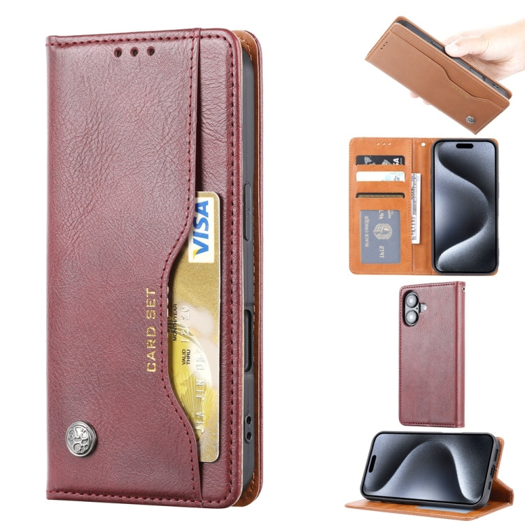 For iPhone 16 Knead Skin Texture Flip Leather Phone Case(Wine Red) - iPhone 16 Cases by buy2fix | Online Shopping UK | buy2fix