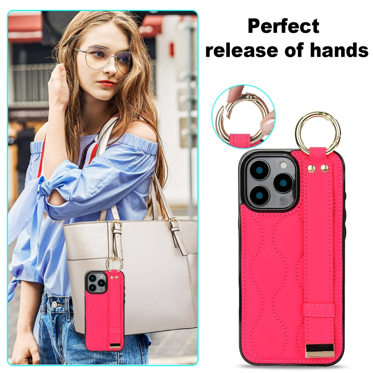 For iPhone 16 Pro Non-slip Full Coverage Ring PU Phone Case with Wristband(Rose Red) - iPhone 16 Pro Cases by buy2fix | Online Shopping UK | buy2fix