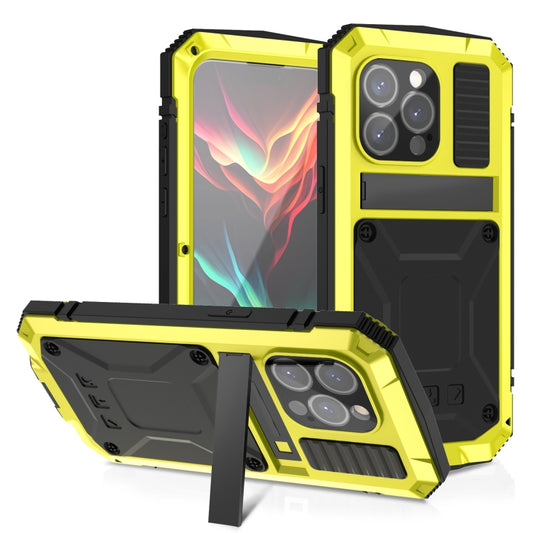 For iPhone 15 Pro Max R-JUST Shockproof Life Waterproof Dust-proof Metal + Silicone Phone Case with Holder(Yellow) - iPhone 15 Pro Max Cases by R-JUST | Online Shopping UK | buy2fix