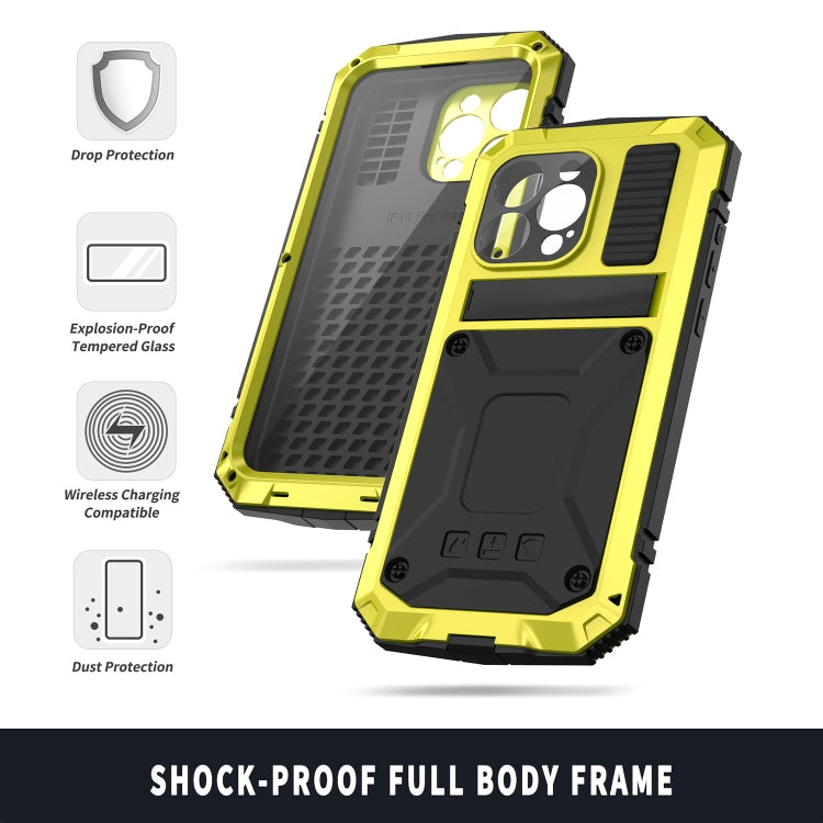 For iPhone 15 Pro R-JUST Shockproof Life Waterproof Dust-proof Metal + Silicone Phone Case with Holder(Yellow) - iPhone 15 Pro Cases by R-JUST | Online Shopping UK | buy2fix
