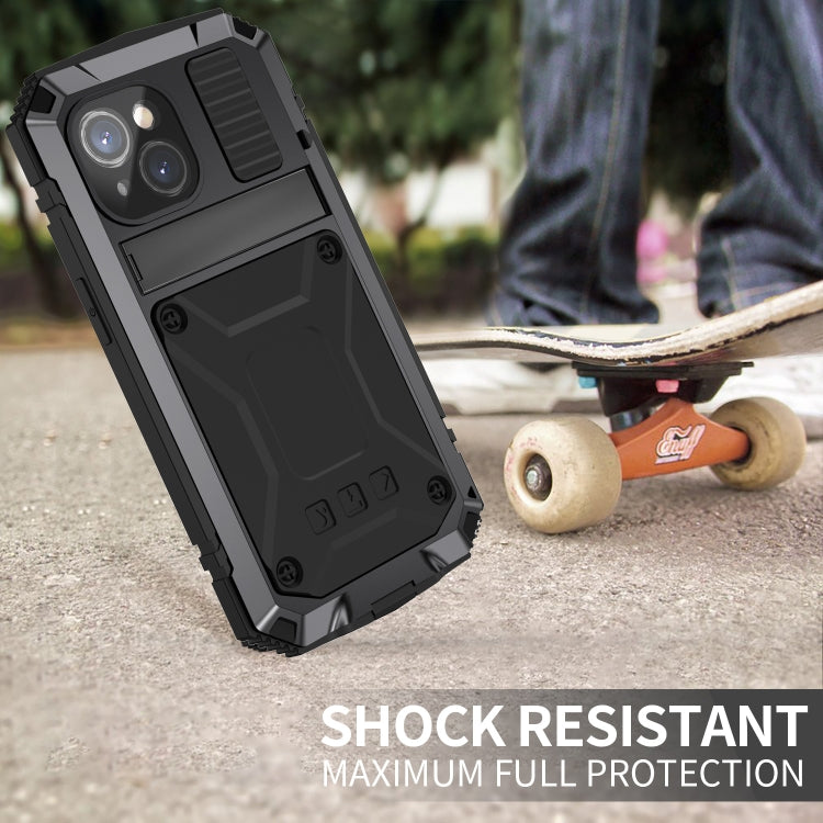 For iPhone 15 Plus R-JUST Shockproof Life Waterproof Dust-proof Metal + Silicone Phone Case with Holder(Black) - iPhone 15 Plus Cases by R-JUST | Online Shopping UK | buy2fix