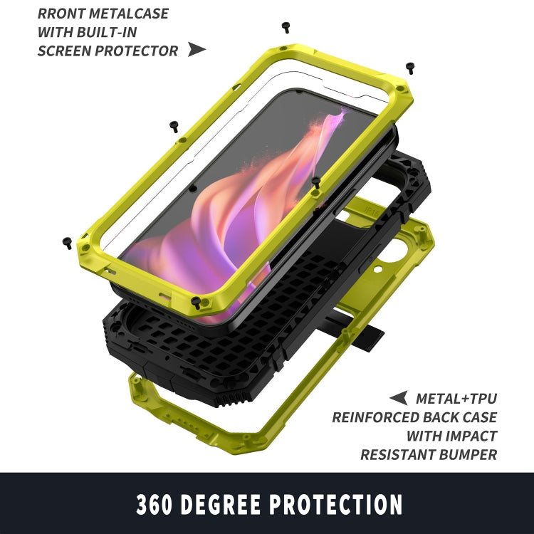 For iPhone 15 Plus R-JUST Shockproof Life Waterproof Dust-proof Metal + Silicone Phone Case with Holder(Yellow) - iPhone 15 Plus Cases by R-JUST | Online Shopping UK | buy2fix