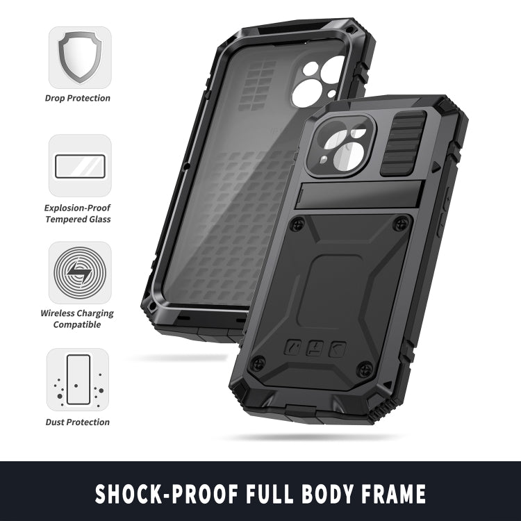 For iPhone 15 R-JUST Shockproof Life Waterproof Dust-proof Metal + Silicone Phone Case with Holder(Black) - iPhone 15 Cases by R-JUST | Online Shopping UK | buy2fix