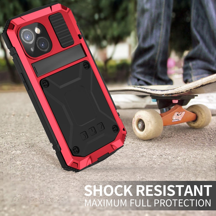For iPhone 15 R-JUST Shockproof Life Waterproof Dust-proof Metal + Silicone Phone Case with Holder(Red) - iPhone 15 Cases by R-JUST | Online Shopping UK | buy2fix