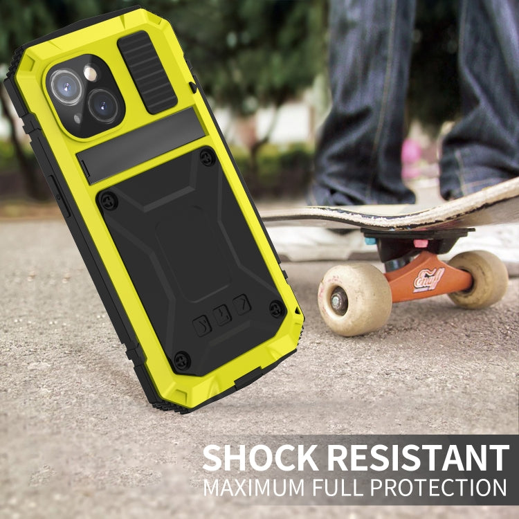 For iPhone 15 R-JUST Shockproof Life Waterproof Dust-proof Metal + Silicone Phone Case with Holder(Yellow) - iPhone 15 Cases by R-JUST | Online Shopping UK | buy2fix