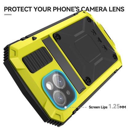 For iPhone 15 R-JUST Shockproof Life Waterproof Dust-proof Metal + Silicone Phone Case with Holder(Yellow) - iPhone 15 Cases by R-JUST | Online Shopping UK | buy2fix