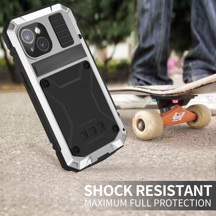 For iPhone 15 R-JUST Shockproof Life Waterproof Dust-proof Metal + Silicone Phone Case with Holder(Silver) - iPhone 15 Cases by R-JUST | Online Shopping UK | buy2fix