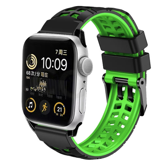 For Apple Watch Series 8 45mm Twill Dual-row Buckle Silicone Watch Band(Black Green) - Watch Bands by buy2fix | Online Shopping UK | buy2fix