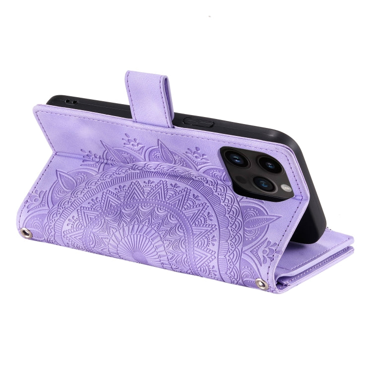 For iPhone 16 Pro Multi-Card Totem Zipper Leather Phone Case(Purple) - iPhone 16 Pro Cases by buy2fix | Online Shopping UK | buy2fix