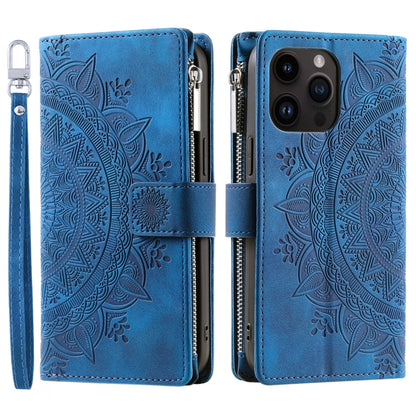 For iPhone 16 Plus Multi-Card Totem Zipper Leather Phone Case(Blue) - iPhone 16 Plus Cases by buy2fix | Online Shopping UK | buy2fix