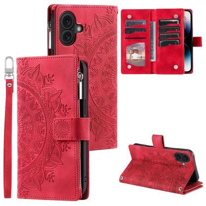 For iPhone 16 Plus Multi-Card Totem Zipper Leather Phone Case(Red) - iPhone 16 Plus Cases by buy2fix | Online Shopping UK | buy2fix