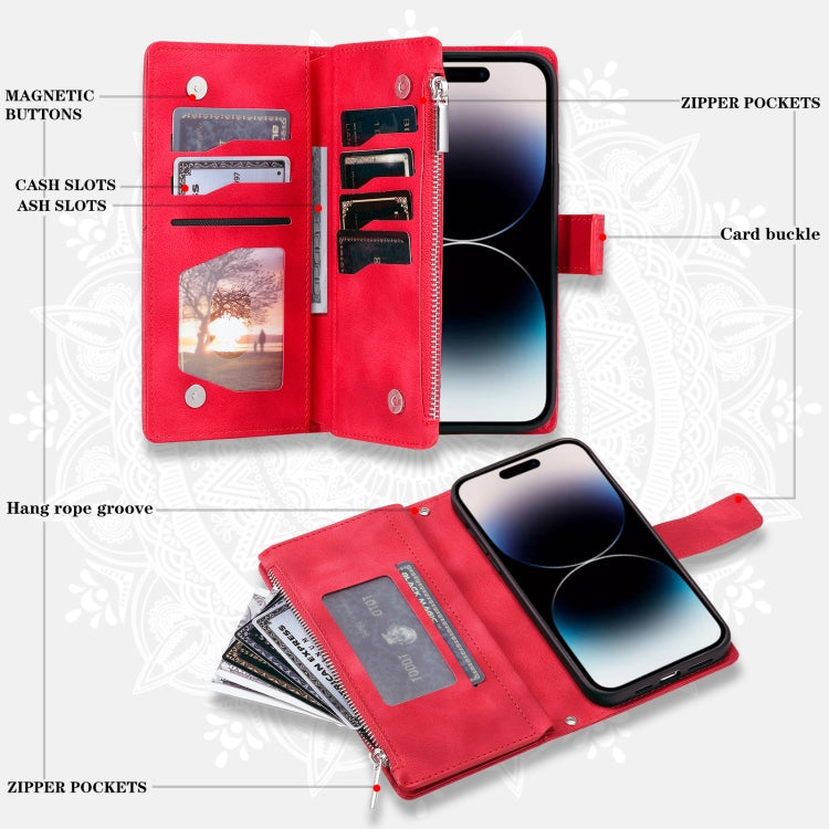 For iPhone 16 Plus Multi-Card Totem Zipper Leather Phone Case(Red) - iPhone 16 Plus Cases by buy2fix | Online Shopping UK | buy2fix