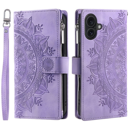 For iPhone 16 Plus Multi-Card Totem Zipper Leather Phone Case(Purple) - iPhone 16 Plus Cases by buy2fix | Online Shopping UK | buy2fix