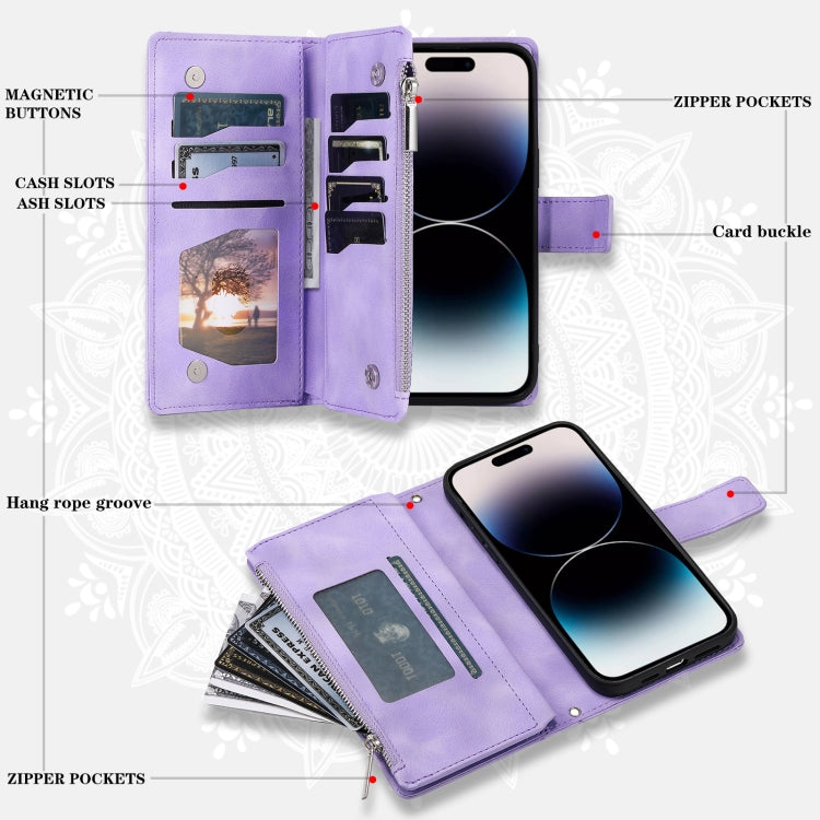 For iPhone 16 Plus Multi-Card Totem Zipper Leather Phone Case(Purple) - iPhone 16 Plus Cases by buy2fix | Online Shopping UK | buy2fix