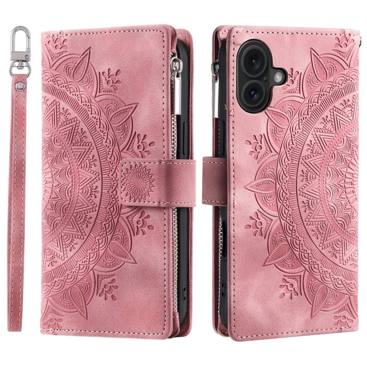 For iPhone 16 Plus Multi-Card Totem Zipper Leather Phone Case(Pink) - iPhone 16 Plus Cases by buy2fix | Online Shopping UK | buy2fix