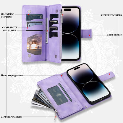 For iPhone 16 Multi-Card Totem Zipper Leather Phone Case(Purple) - iPhone 16 Cases by buy2fix | Online Shopping UK | buy2fix