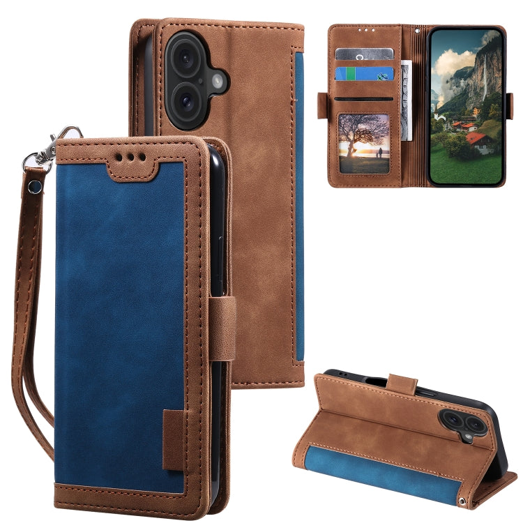 For iPhone 16 Plus Retro Splicing Horizontal Flip Leather Phone Case(Blue) - iPhone 16 Plus Cases by buy2fix | Online Shopping UK | buy2fix