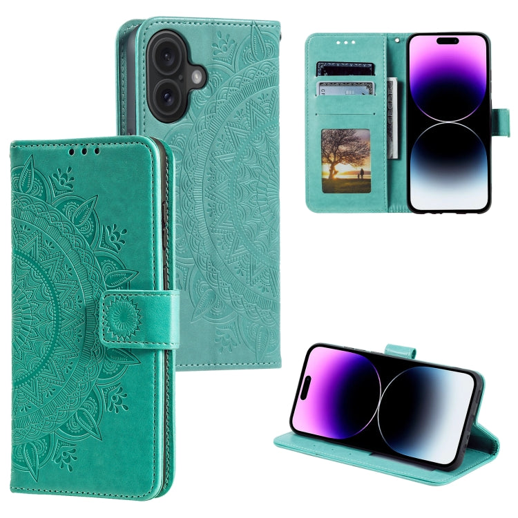 For iPhone 16 Totem Flower Embossed Leather Phone Case(Green) - iPhone 16 Cases by buy2fix | Online Shopping UK | buy2fix