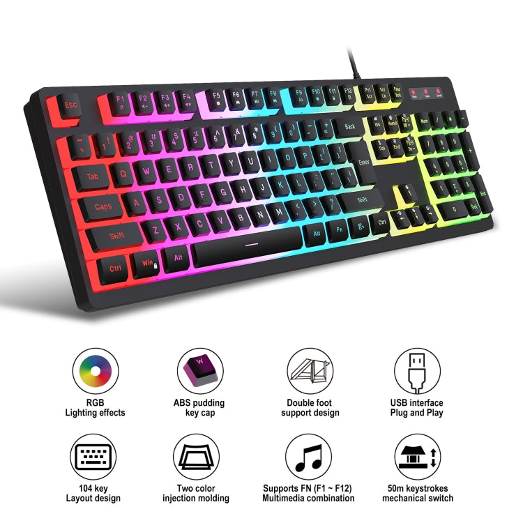 HXSJ L200 Wired RGB Backlit Keyboard 104 Pudding Key Caps(White) - Wired Keyboard by HXSJ | Online Shopping UK | buy2fix