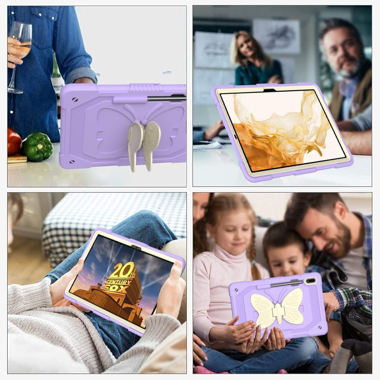 For Samsung Galaxy Tab S9+ Butterfly Kickstand Heavy Duty Hard Rugged Tablet Case(Beige+Raro Purple) - Galaxy Tab S9+ Cases by buy2fix | Online Shopping UK | buy2fix